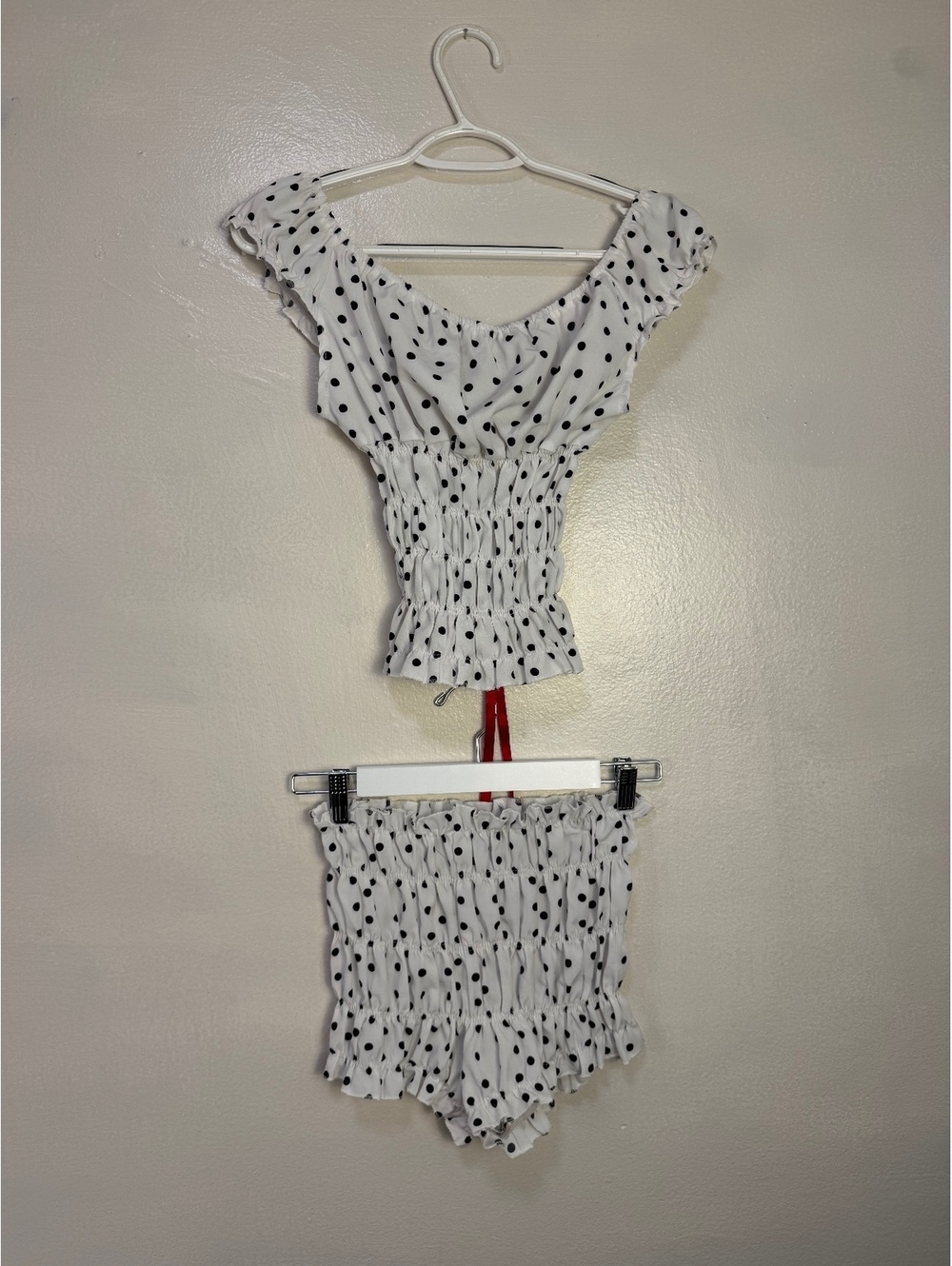 White Polka Dot Two-Piece Set with Red Ribbon Detail, Size Small